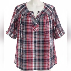 Catherines Plus Boho Plaid Red Blue Roll Tab Sleeve Pintuck Shirt OX 14/16
